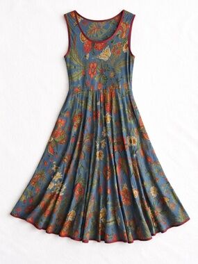 The Shop India Cotton Floral Midi Dress Boho Sleeveless Blue Red Fit & Flare